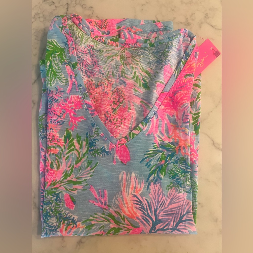 New Lilly Pulitzer Celestial Blue Cay To My Heart Top Small V Neck Shirt